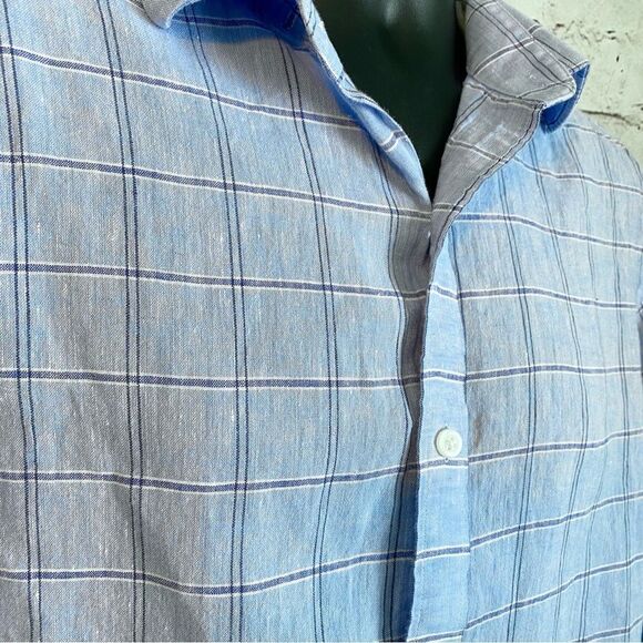 Buttoned Down Linen Cotton Plaid Casual Shirt Men Blue Medium Long Sleeve - Picture 2 of 6